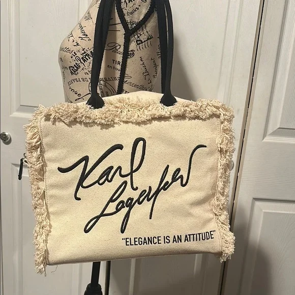 Karl Lagerfeld Paris "Elegance is Attitude" Cream Tote Bag - Picture 2 of 11